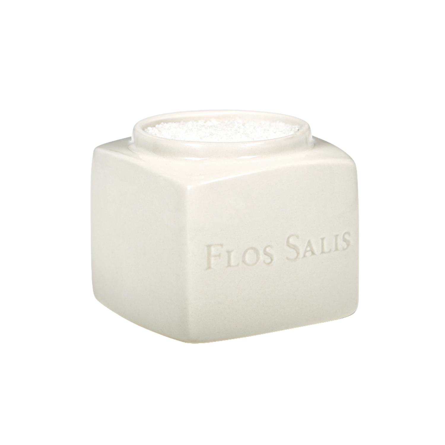 White ceramic container with 'Flos Salis' branding on a white background