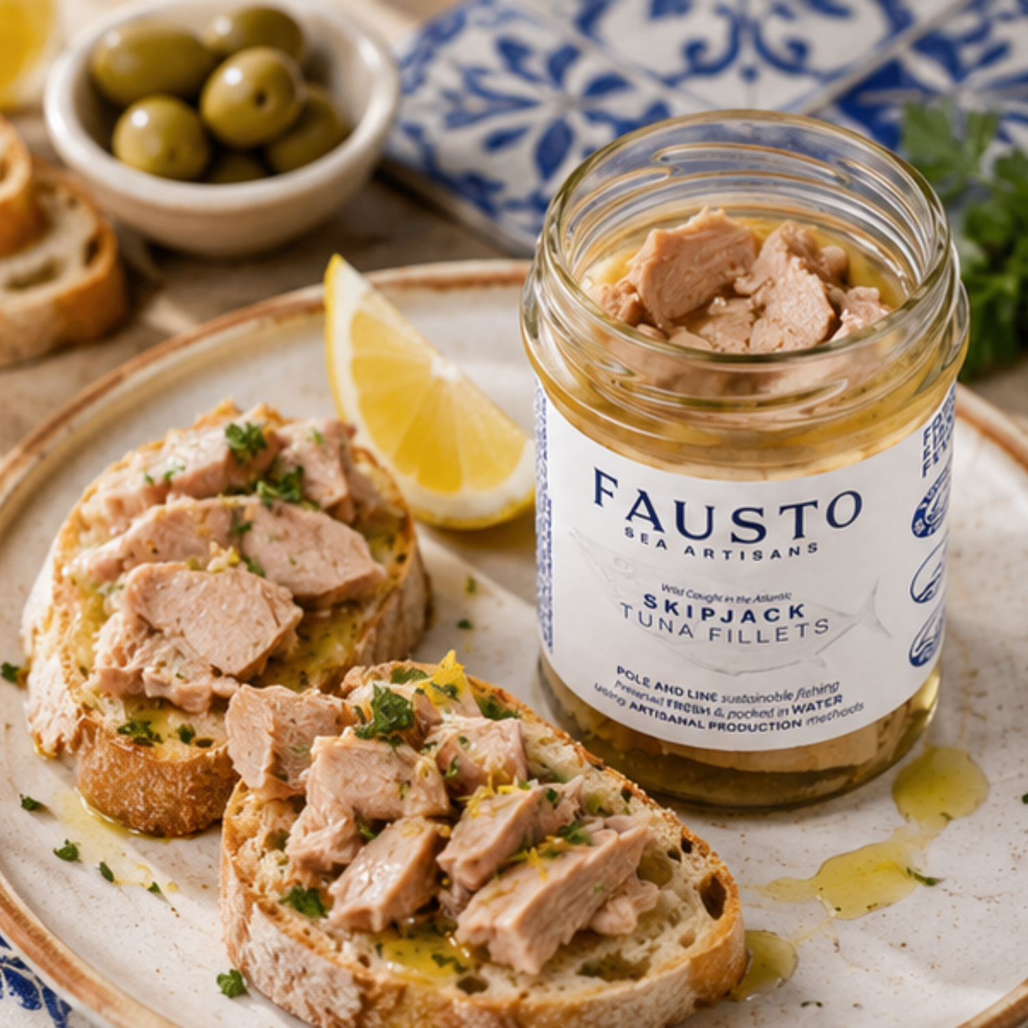 A jar of Fausto Sea Artisan Skipjack Tuna Fillets on a plate with toasted bread, lemon slices, and olives in a kitchen setting.