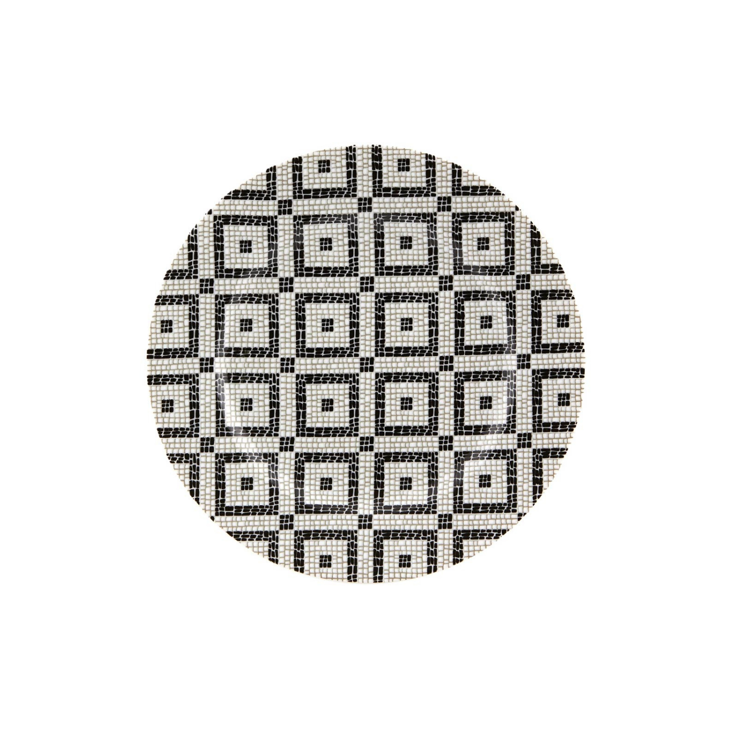 Round black and white geometric patterned plate on a white background