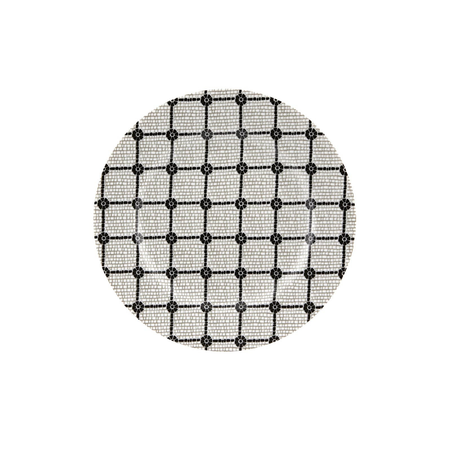 Round black and white patterned rug on a white background