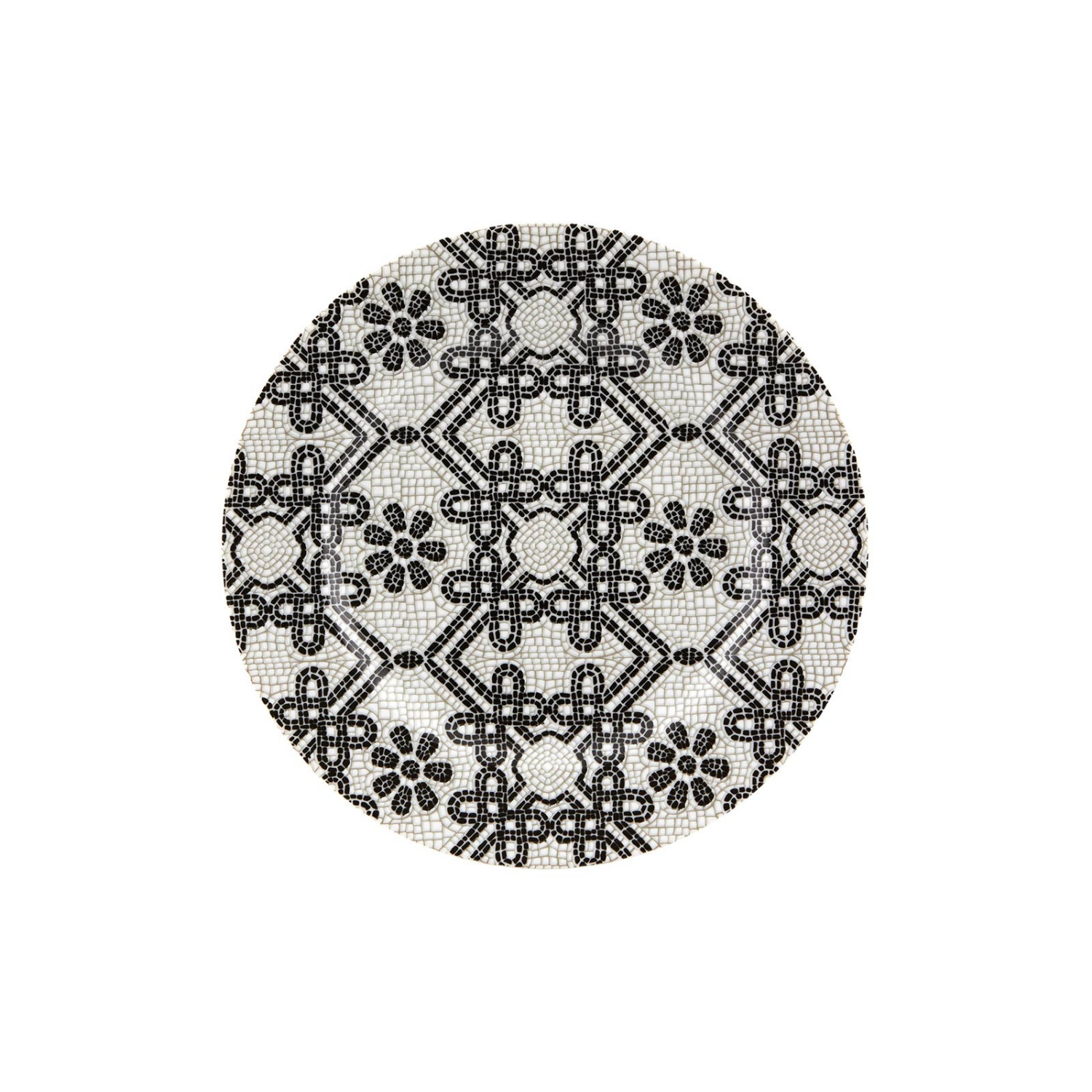 Round black and white patterned tile on a white background