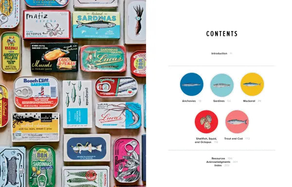 Collection of vintage-style canned fish labels on the left, with a webpage layout on the right.
