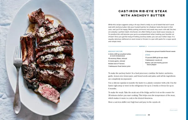 Steak on a plate with text about cast-iron rib-eye steak and anchovy butter