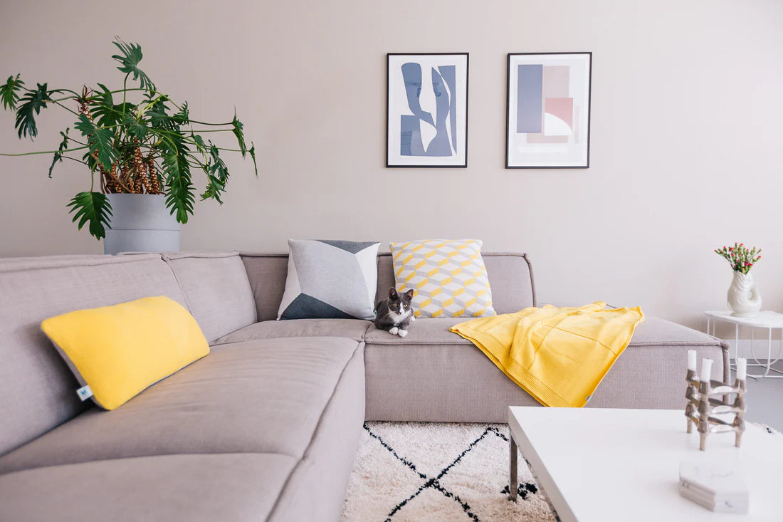 Modern living room with a gray sectional sofa, yellow cushions, and abstract art on the wall.