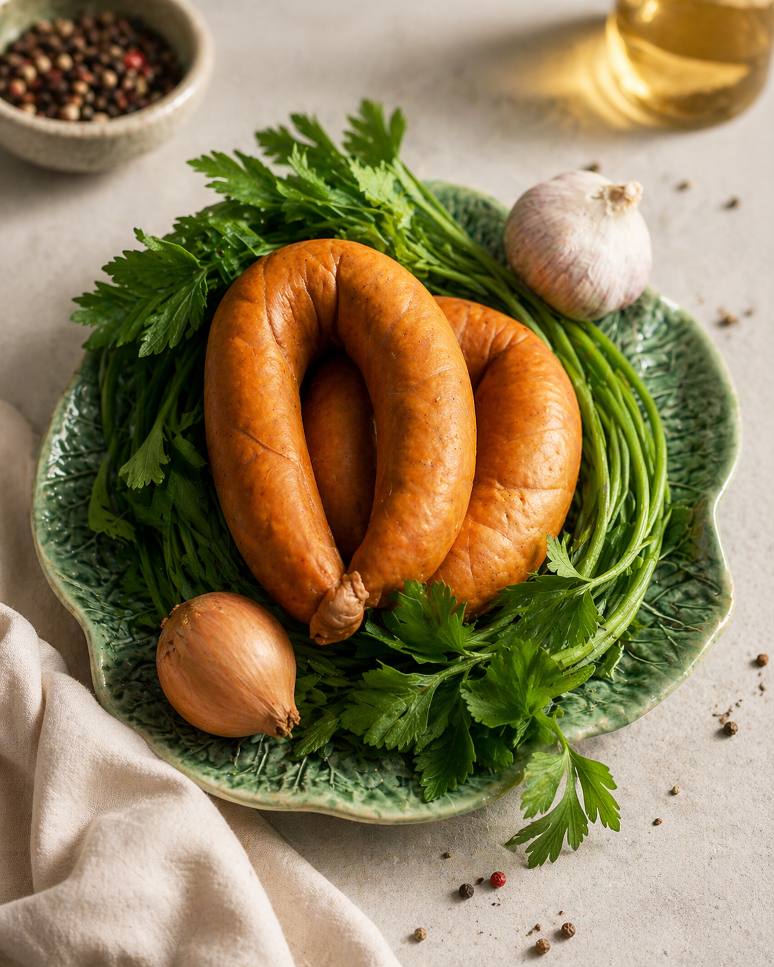 Alheira sausages on a green plate with fresh herbs, garlic, and shallots, set on a light surface.