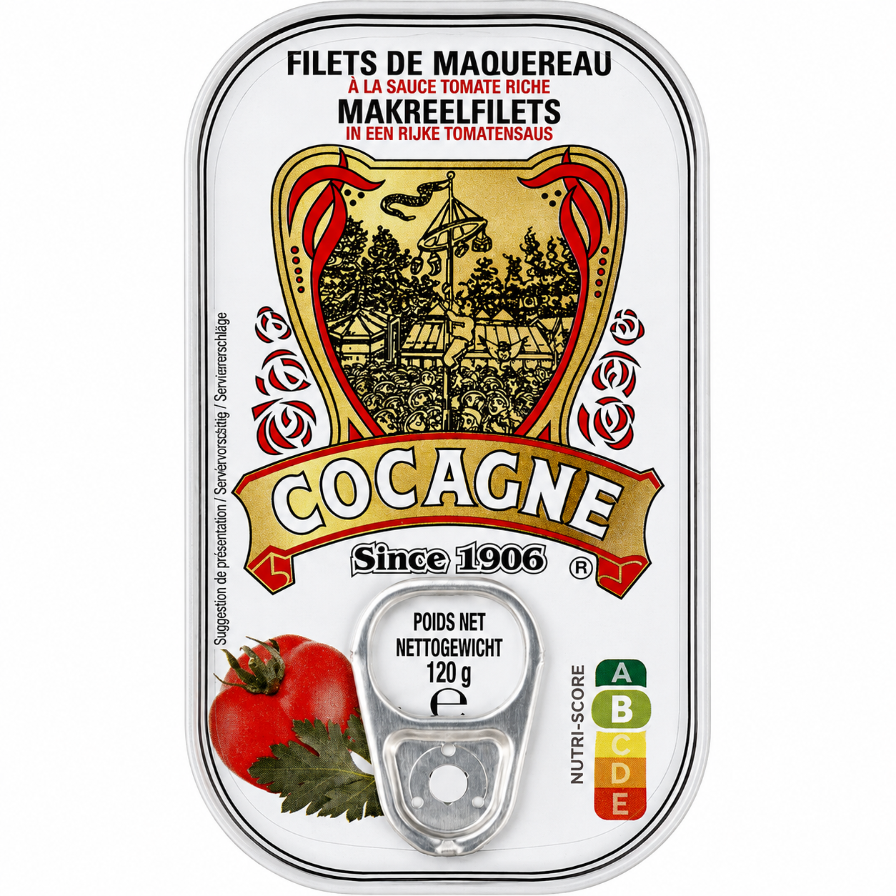 A single can of Cocagne Makreelfilets in een rijke tomatensauce, featuring a white label with a red tomato illustration and the brand name 'COCAGNE' in large gold letters.