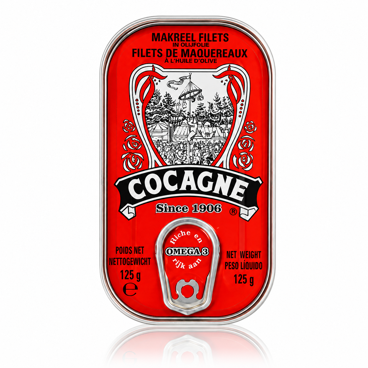 A 125g can of Cocagne Mackerel Fillets in Olive Oil, featuring a bright red label with black and white illustrations and branding, set against a clean white background with a subtle reflection.