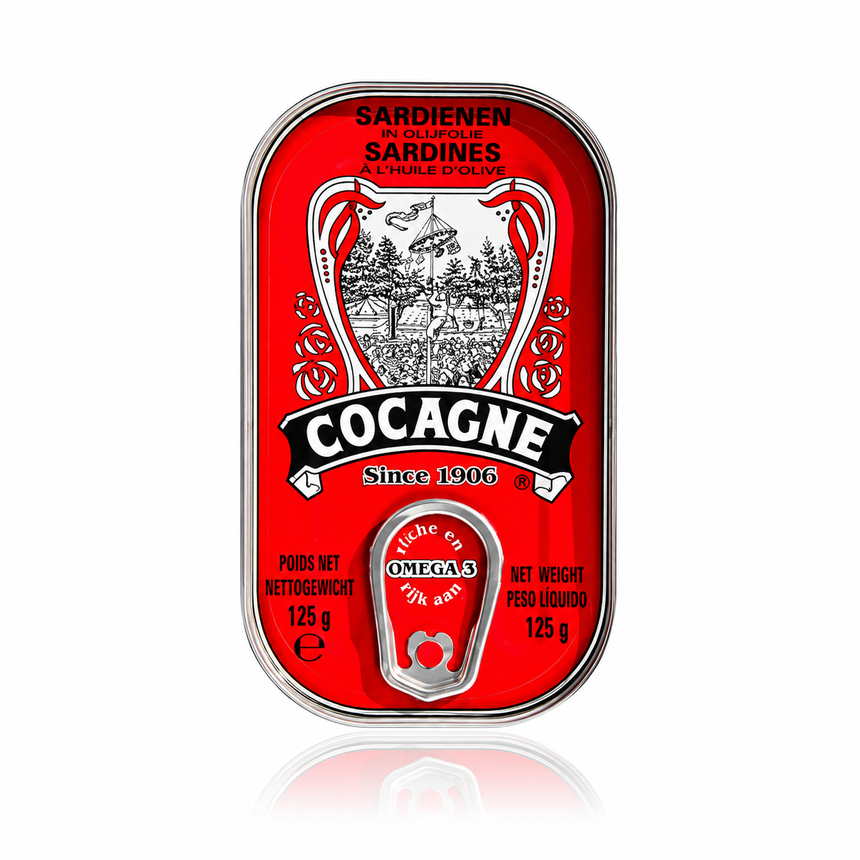 A single can of Cocagne Sardines on a white background with a reflection below. The can features a bright red label with black and white graphics, including the brand name 'COCAGNE' and an illustration of a coastal village.