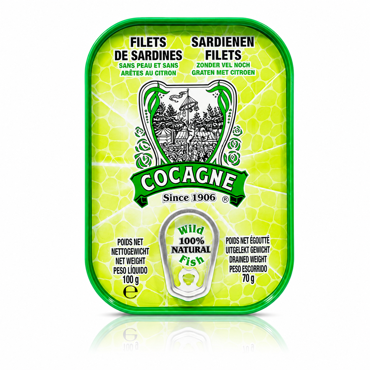 A 70g can of Cocagne Wild 100% Natural Fish fillets (sardines) with a bright lime green label and a green metal rim, shown on a white background with a reflection.
