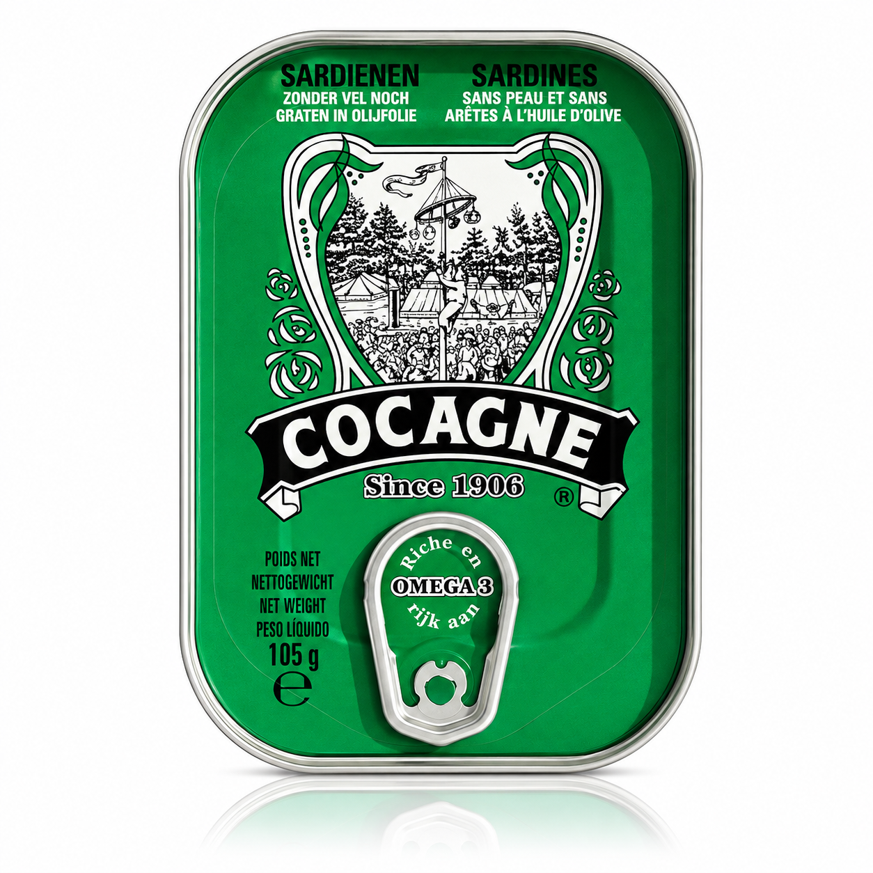 A 105g can of Cocagne Sardines, featuring its signature green label with white and black text and illustrations, complete with a built-in silver pull-tab opener on the front.