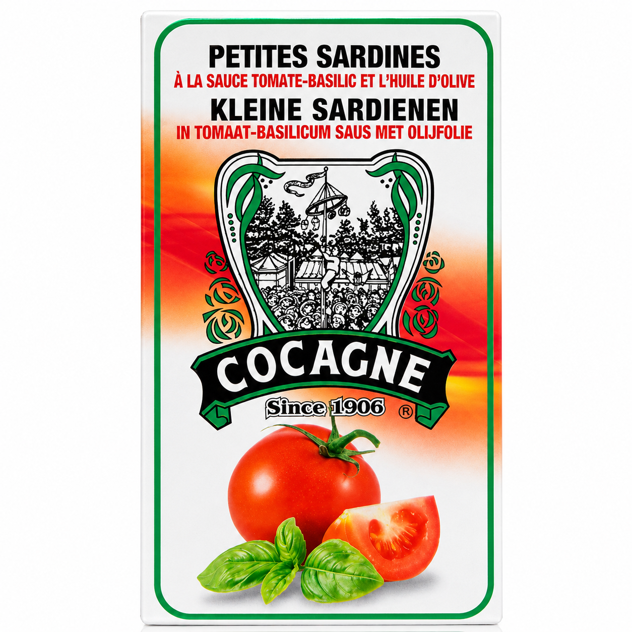 Front-facing package of Cocagne Petite Sardine in tomato-basil oil, featuring a white label with red and orange gradient background, black and red text, a central crest illustration, and fresh tomato and basil graphics at the bottom.