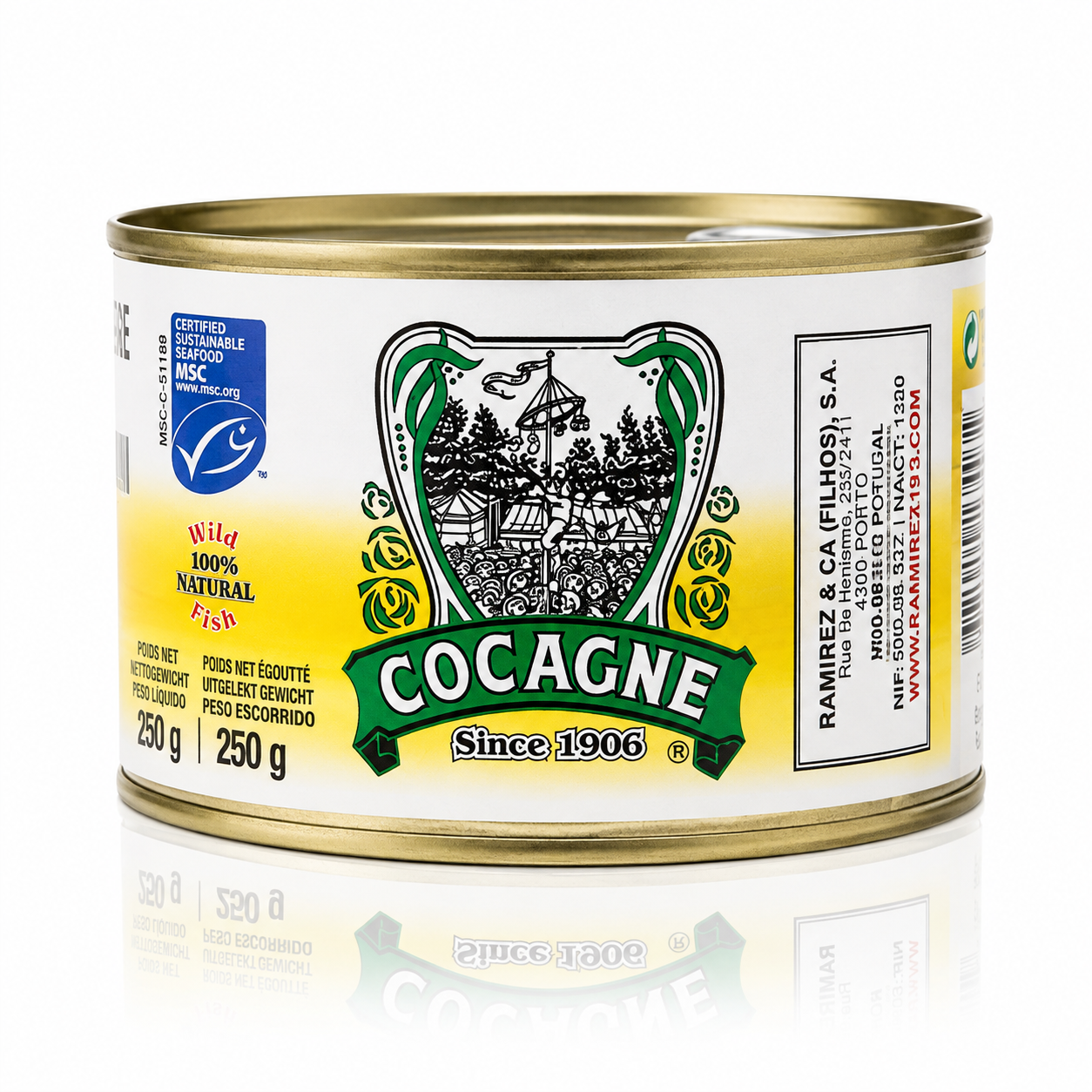 A 250 g can of Cocagne Fish & Chips on a white background with a reflection below. The can features a white label with a yellow gradient on the left, a green and black central logo depicting a traditional fish and chip shop, and a yellow band on the right with company details.