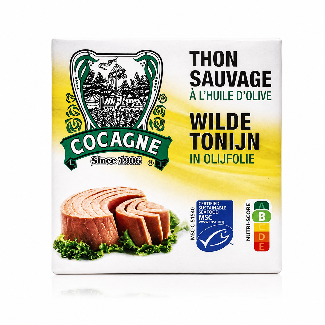 A package of Cocagne Thon Sauvage / Wilde Tonnij in Olijfolie (wild tuna in olive oil) on a clean white background. The packaging features a white and yellow background with the brand logo, product description in French and Dutch, a photo of sliced tuna on greens, and certification badges.