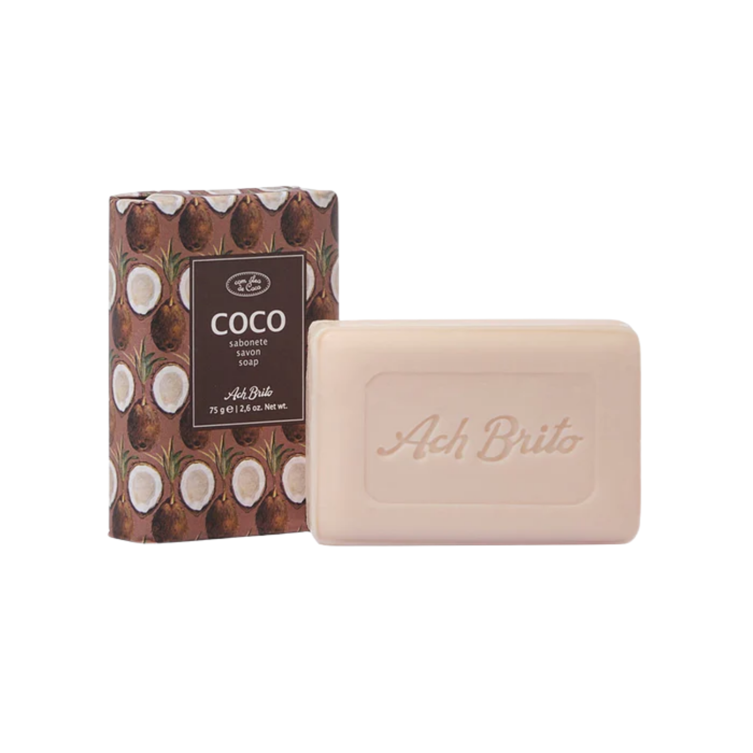 Bar of soap with 'Ach Brito' branding next to its packaging on a white background