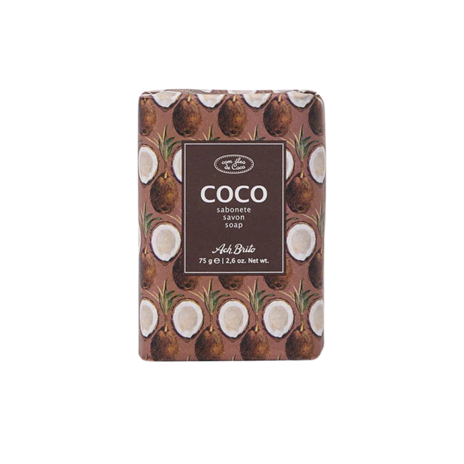 Bar of soap with coconut design on packaging