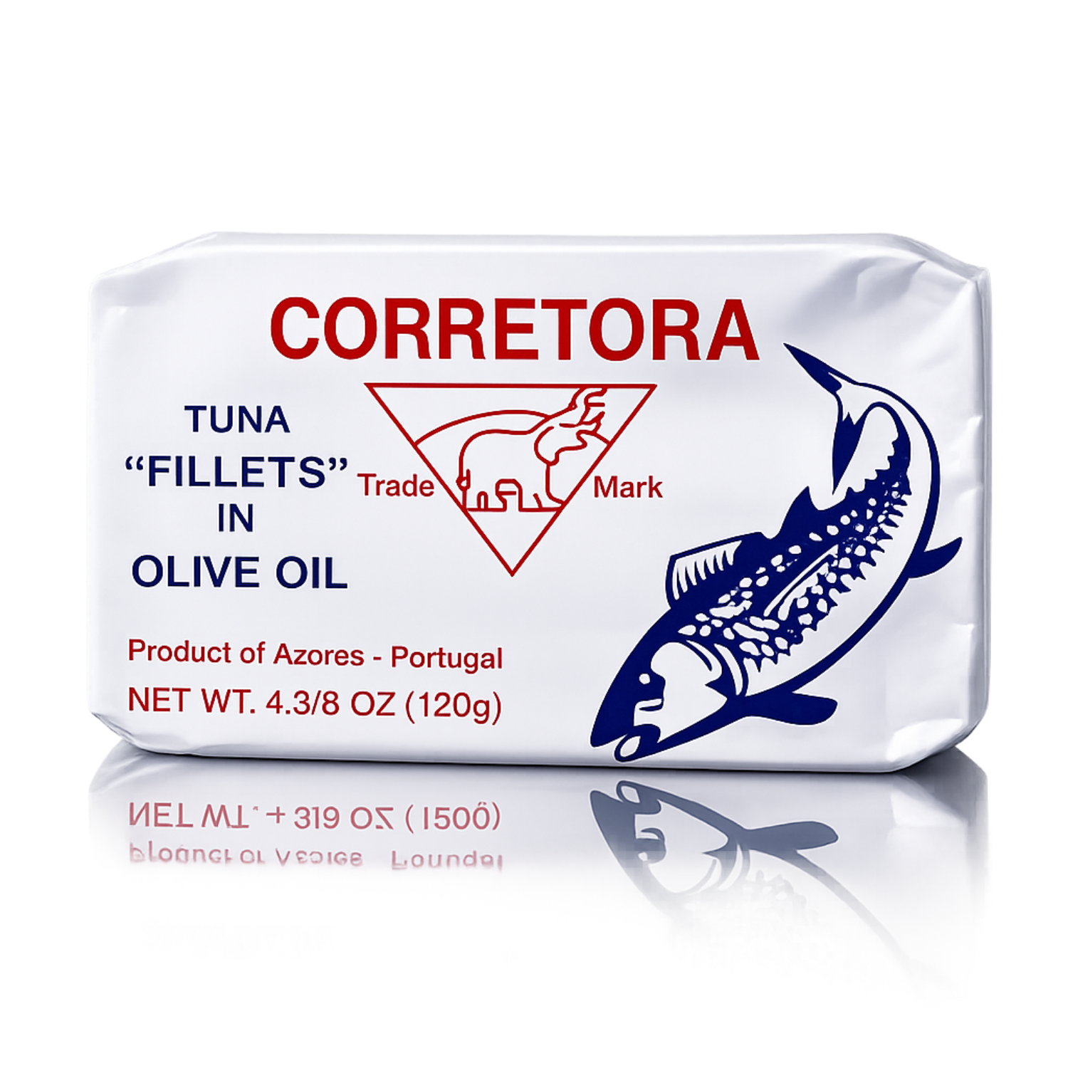 A tin can labeled 'CORRETORA Tuna Fillets in Olive Oil', indicating it is a product of Azores, Portugal with a net weight of 120g.