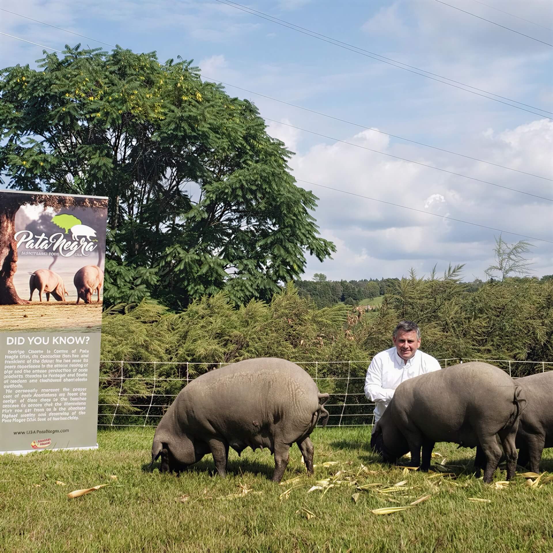 Don Rodrigo sliced presunto displayed with pigs grazing in a grassy field, featuring a promotional banner in the background.