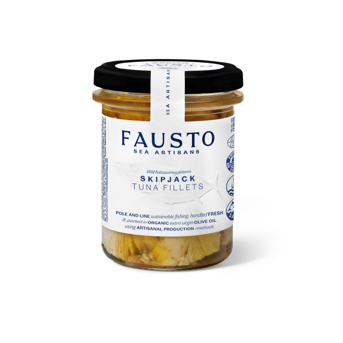 Fausto Skipjack Tuna Fillets in Organic Extra Virgin Olive Oil in a Ja ...