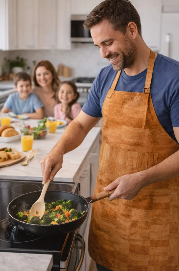 Man cooking in a kitchen with family watching