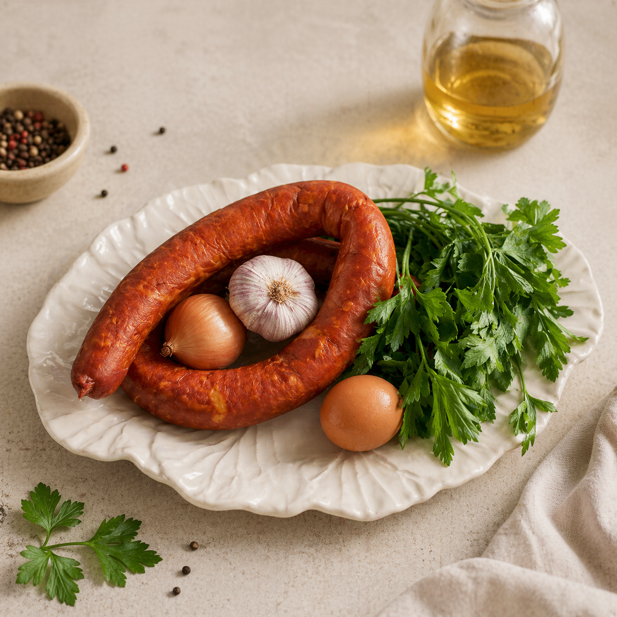 Linguiça sausage on a white plate with onions, garlic, an egg, and fresh parsley, set on a neutral background.