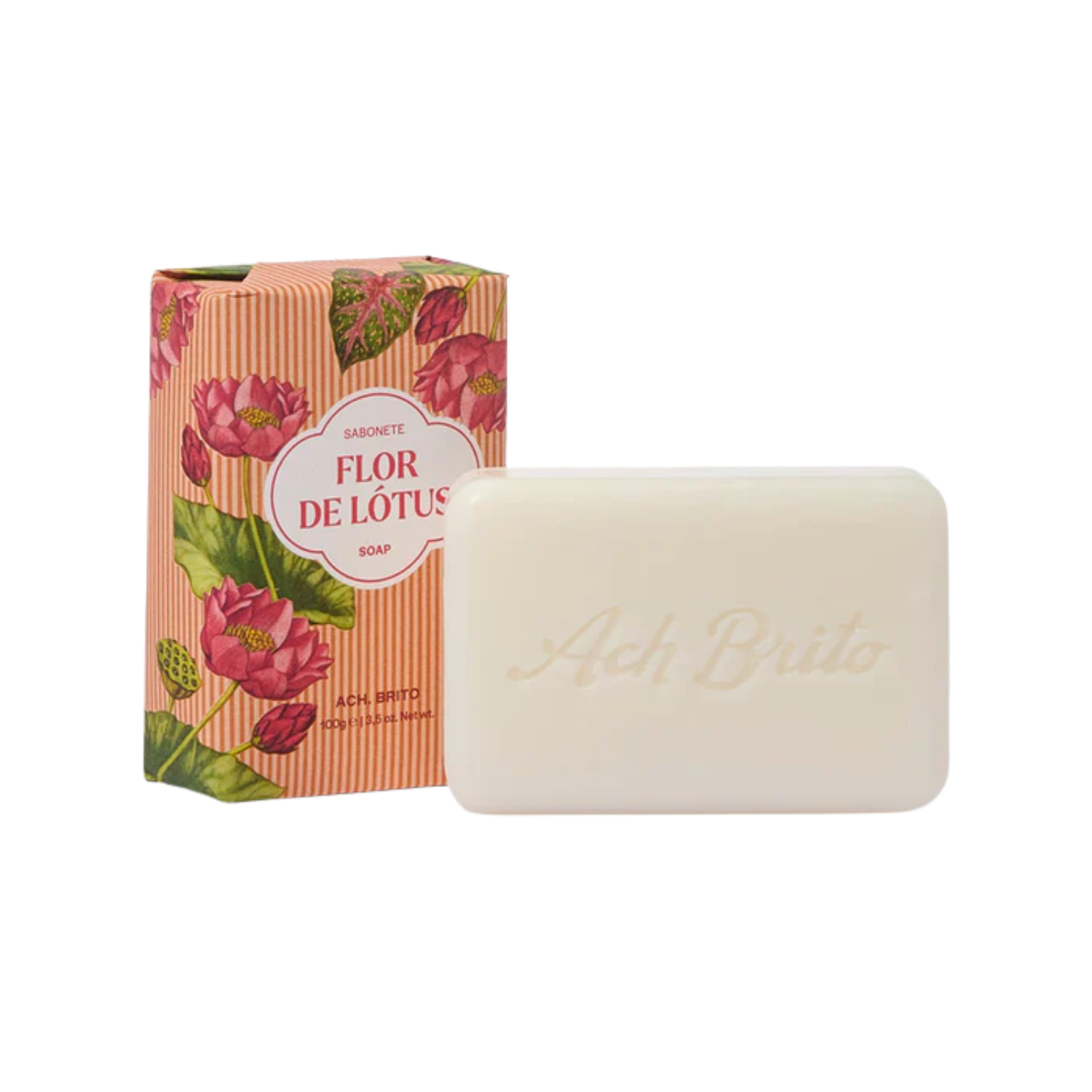 Bar of soap with 'Ach Brito' branding next to its packaging on a white background