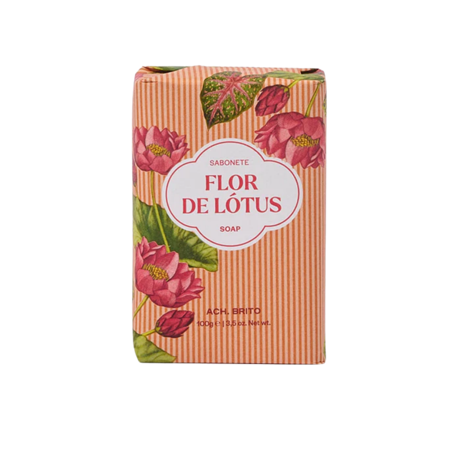 Soap packaging with floral design and 'Flor de Lotus' text on a white background