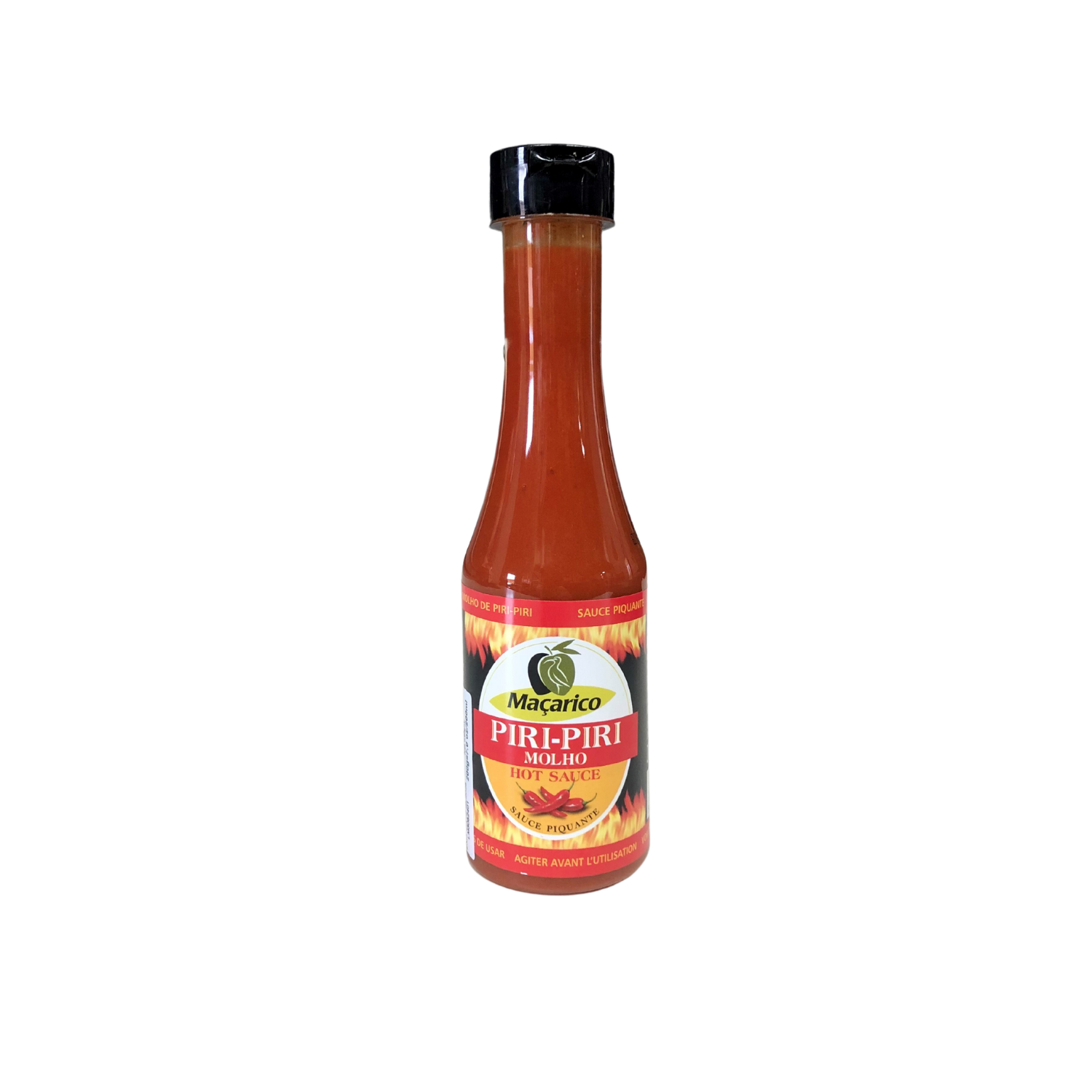 A red bottle of Maçarico Hot Sauce (Piri-Piri)