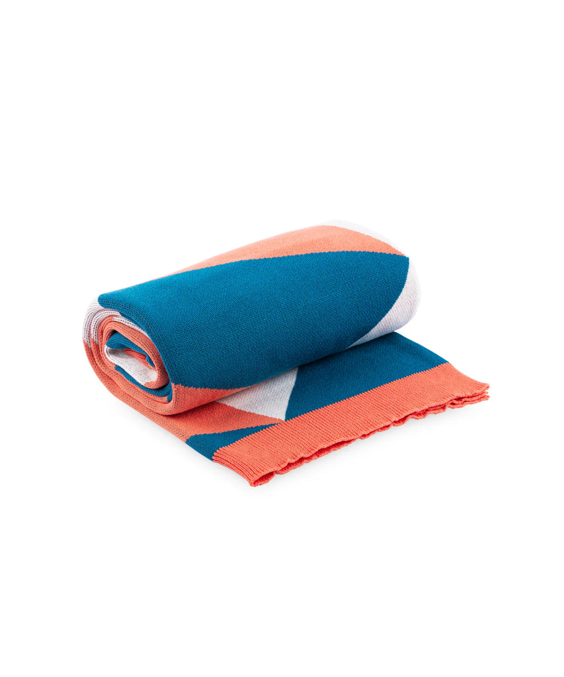 Folded blanket with blue and orange pattern on a white background