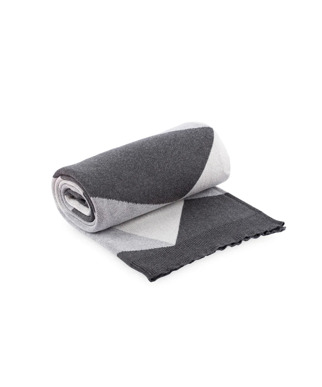 Rolled-up gray and white blanket on a white background
