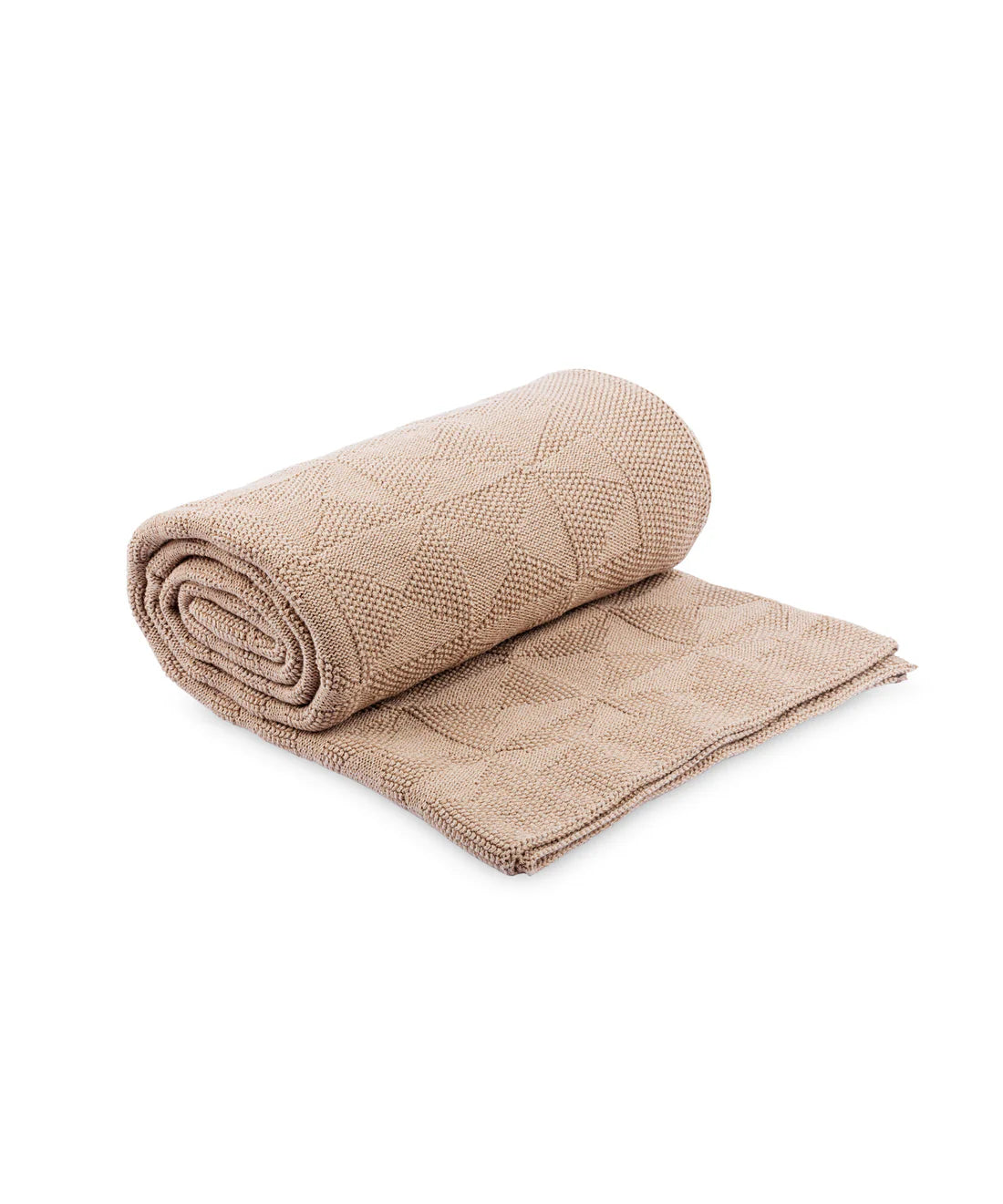 Beige textured blanket rolled up on a white background