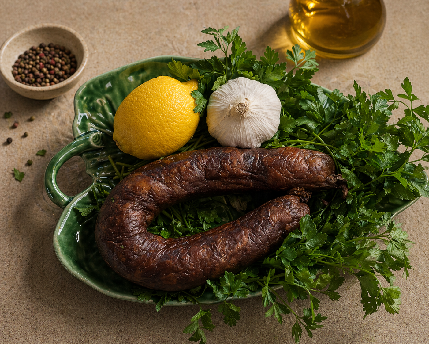 Morcela Caseira with meat on a green leaf-shaped plate, surrounded by parsley, garlic, lemon, and peppercorns.