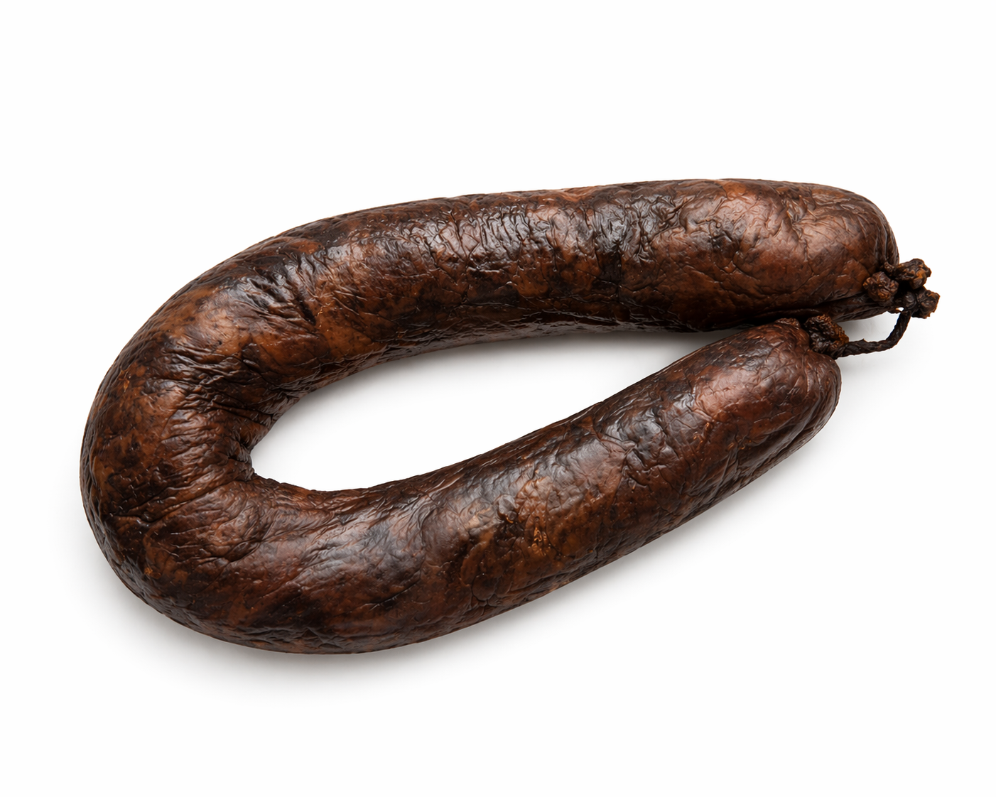 Morcela caseira with meat, a dark brown, oval-shaped sausage with a slightly wrinkled surface.