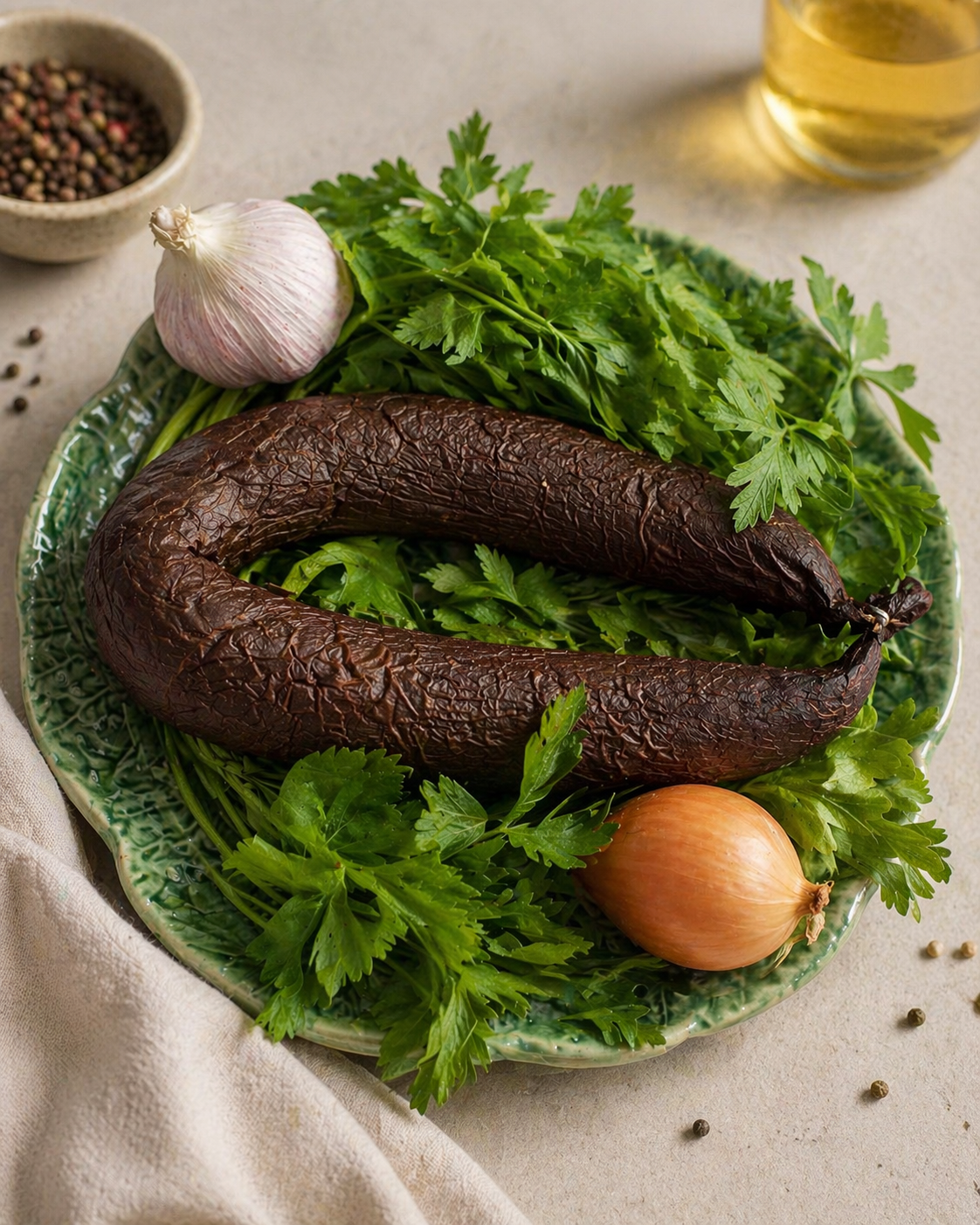 Morcela sausage on a green plate with fresh cilantro, onions, and garlic, set on a neutral background.
