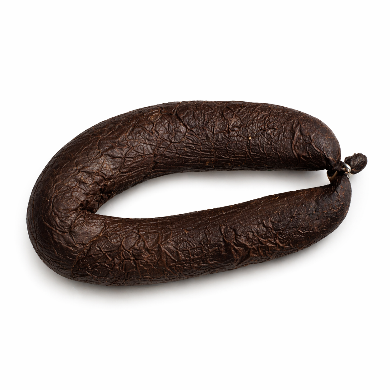 Morcela sausage, dark brown, oval shape with a smooth texture and a small knot at one end.