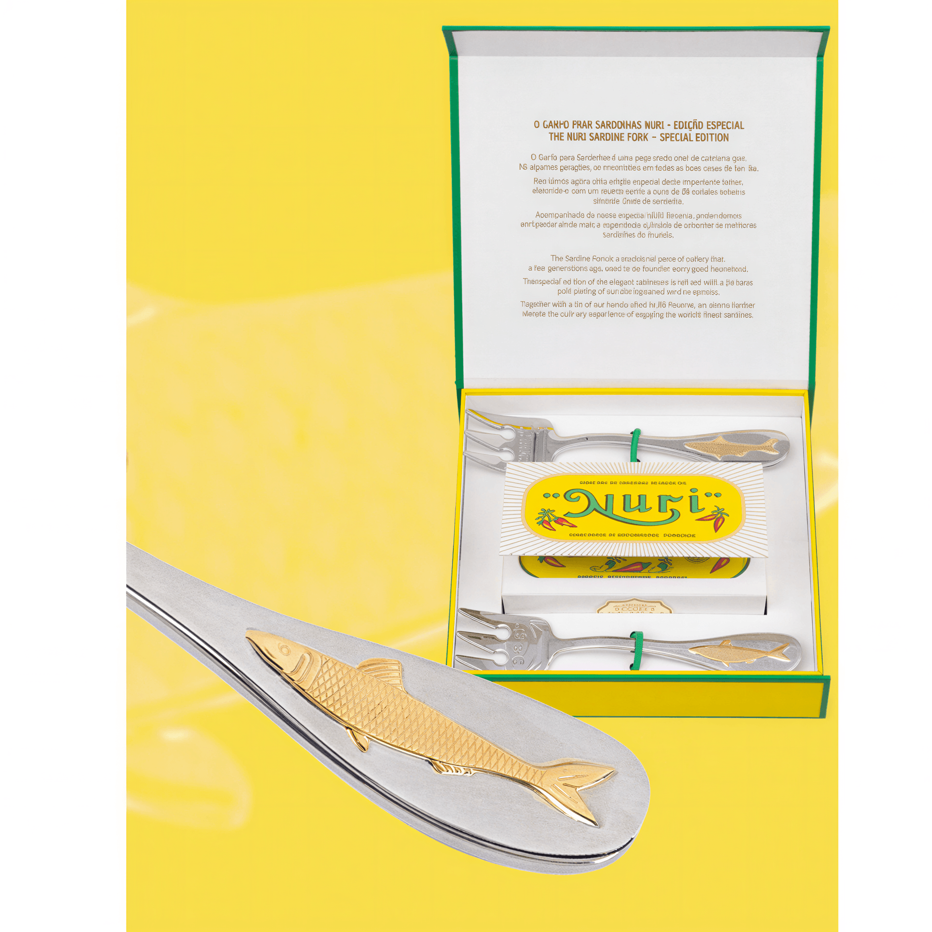 Nuri special edition fork gift pack featuring a fish design on the fork and a decorative box with yellow and green accents.