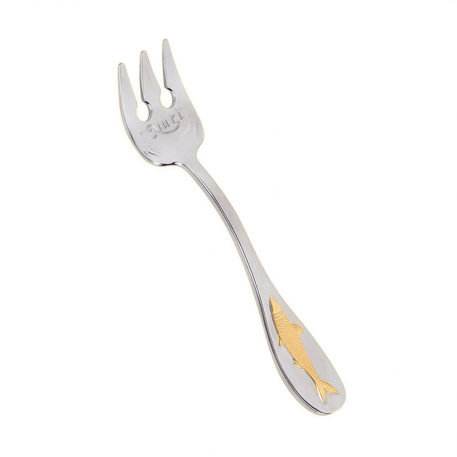 Nuri special edition fork with a fish design, featuring a shiny silver finish and gold accents on the handle.