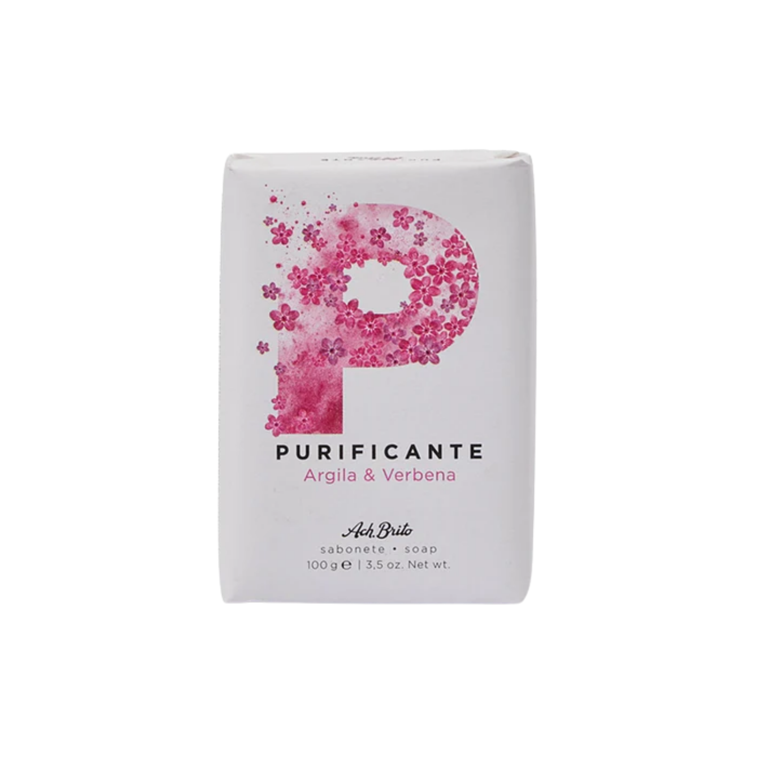 Bar of soap with pink floral design and text on a white background