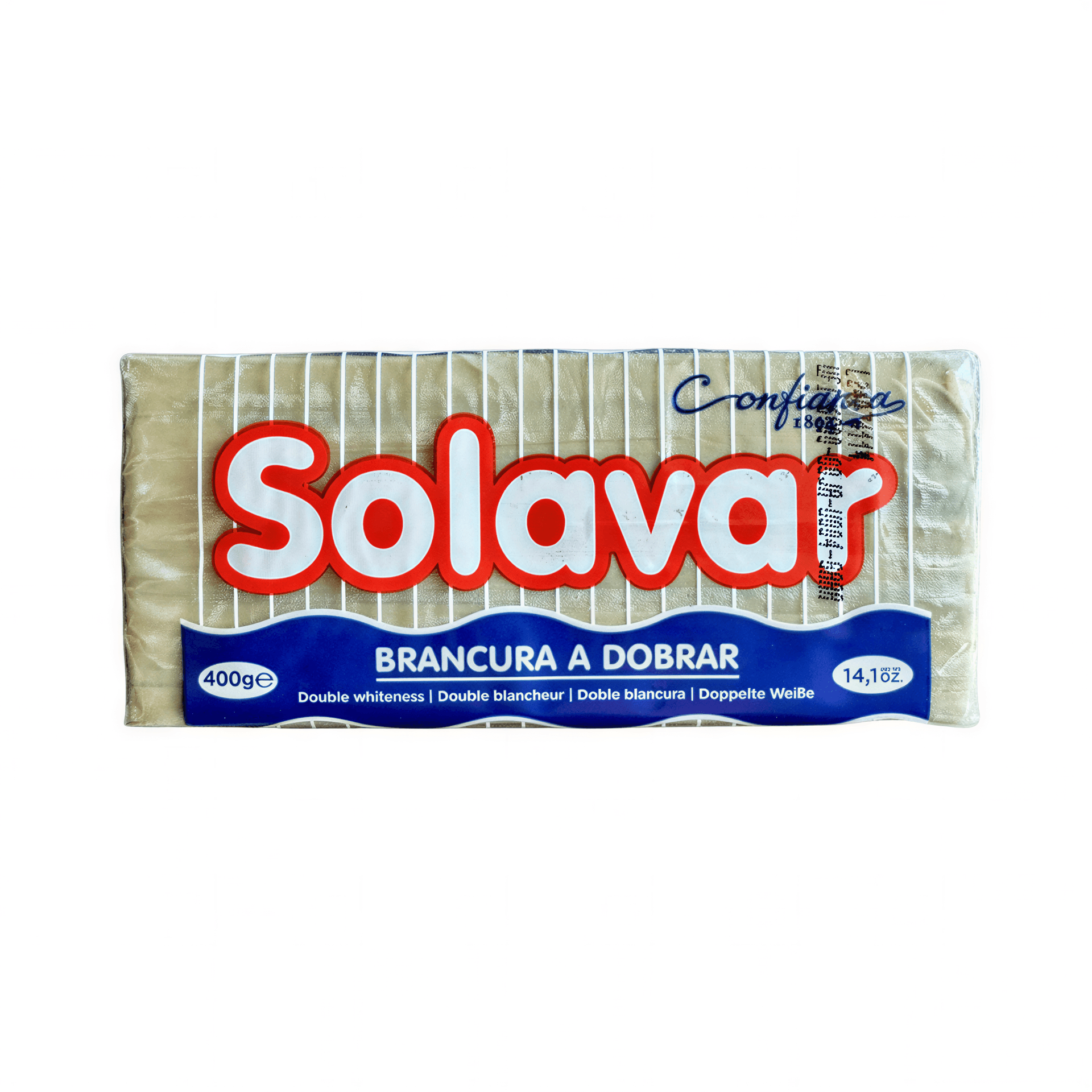 Confianca Solavar blue soap bar, 400g, featuring a gold wrapper with red and blue text on a white background.