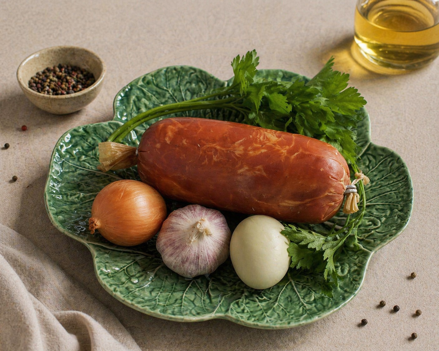 Salpicão sausage on a green leaf-shaped plate with onions, garlic, cilantro, and olive oil in the background.