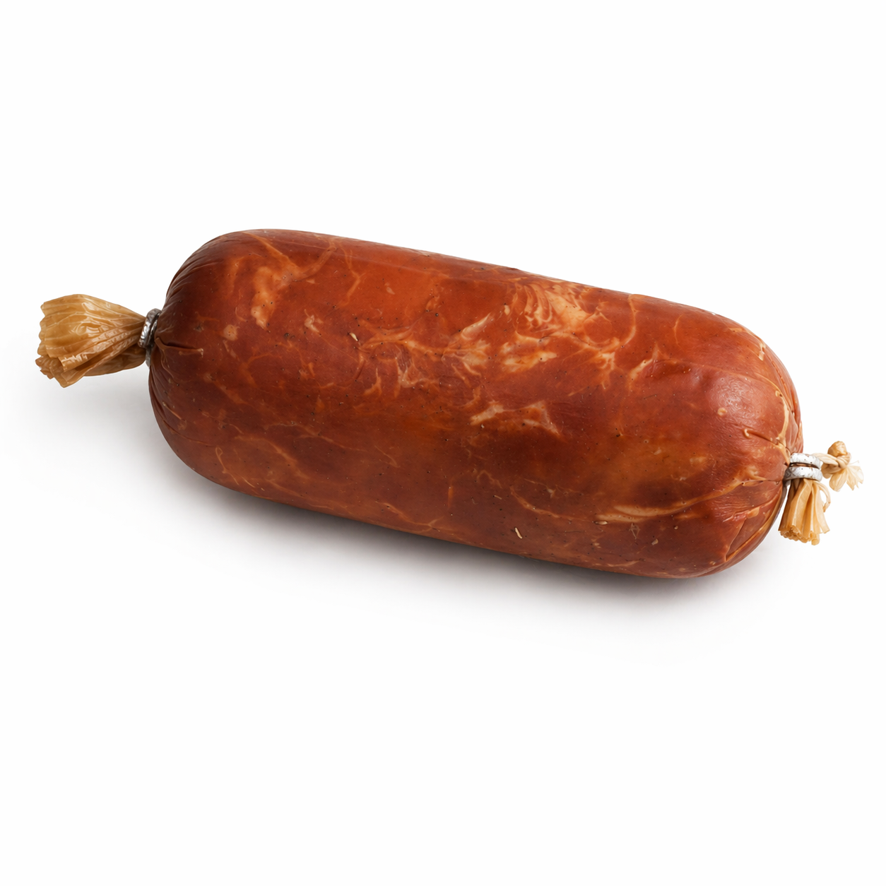 Salpicão, a cylindrical sausage with a reddish-brown exterior and tied ends, displayed on a white background.