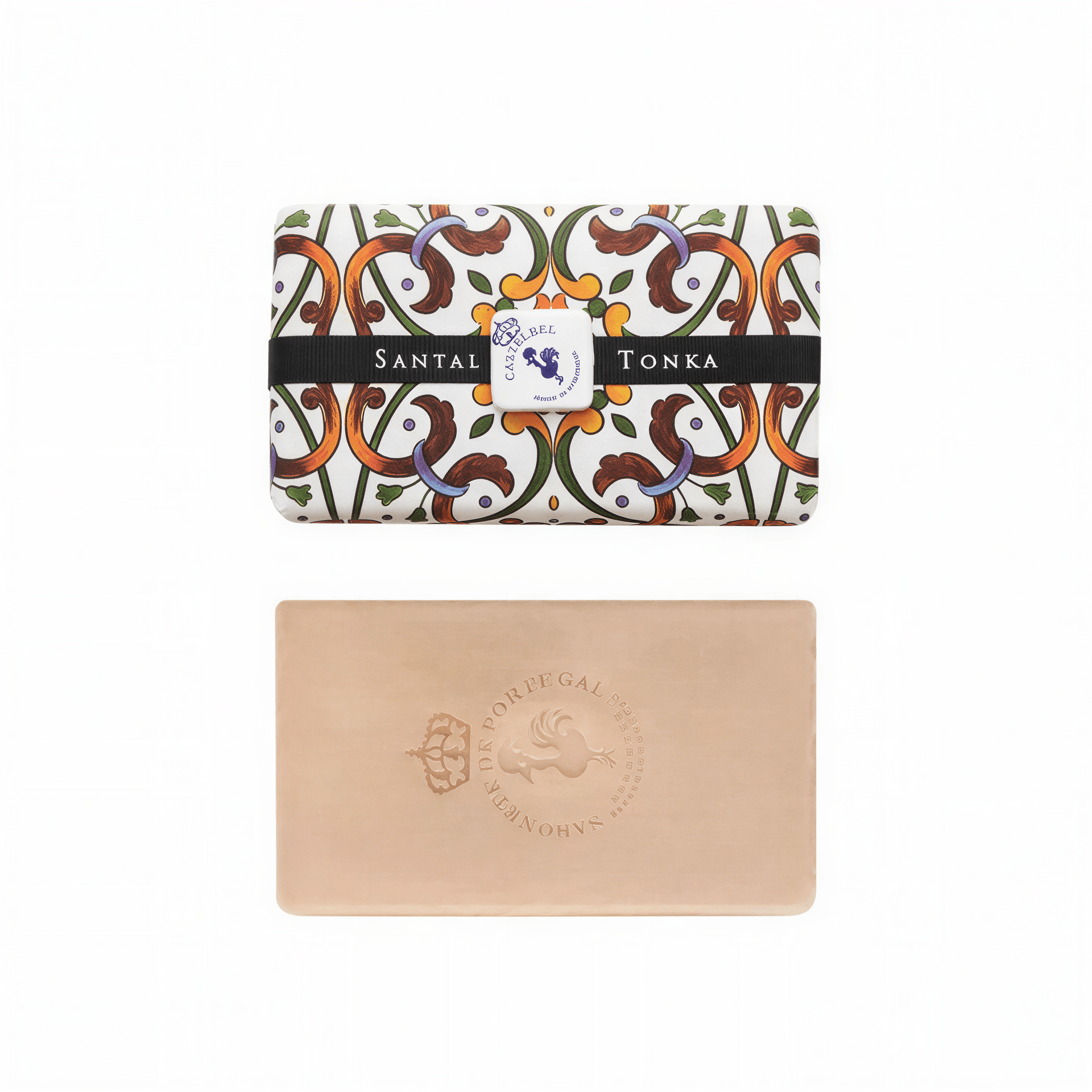 Castelbel Santal Tonka soap with decorative floral packaging and a smooth beige bar.