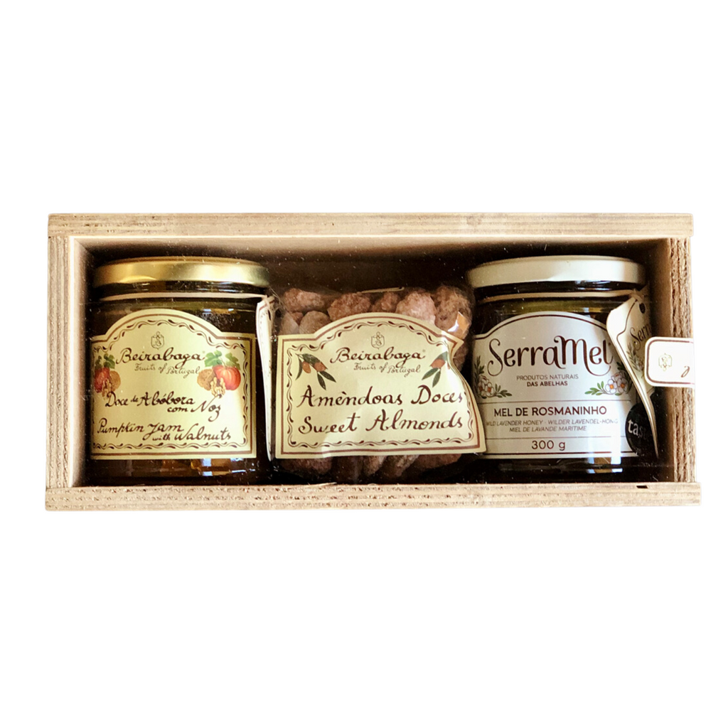 SerraMel Wild Lavender Honey, Pumpkin Jam with Walnuts and Sweet Almonds Wooden Box