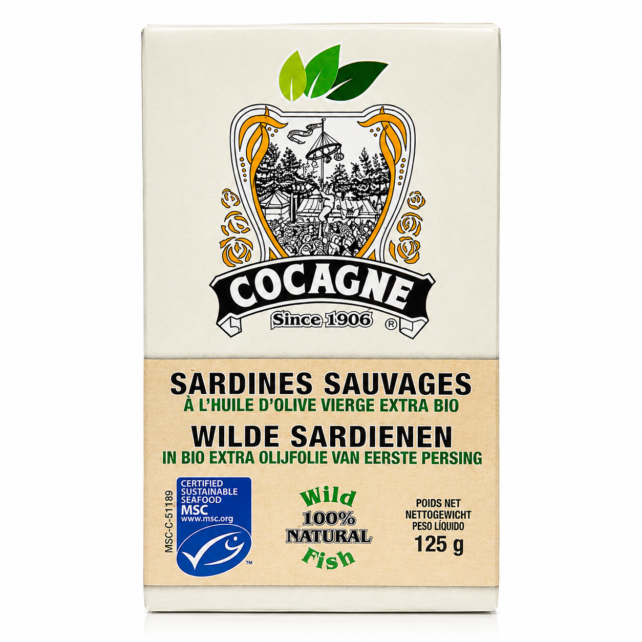 A 125g box of Cocagne Wild Sardines (Wild Fish) olive oil. The packaging features a cream-colored top half with the black and gold Cocagne logo, and a light tan bottom half displaying the product name in both Dutch and French, along with a blue MSC certification logo.
