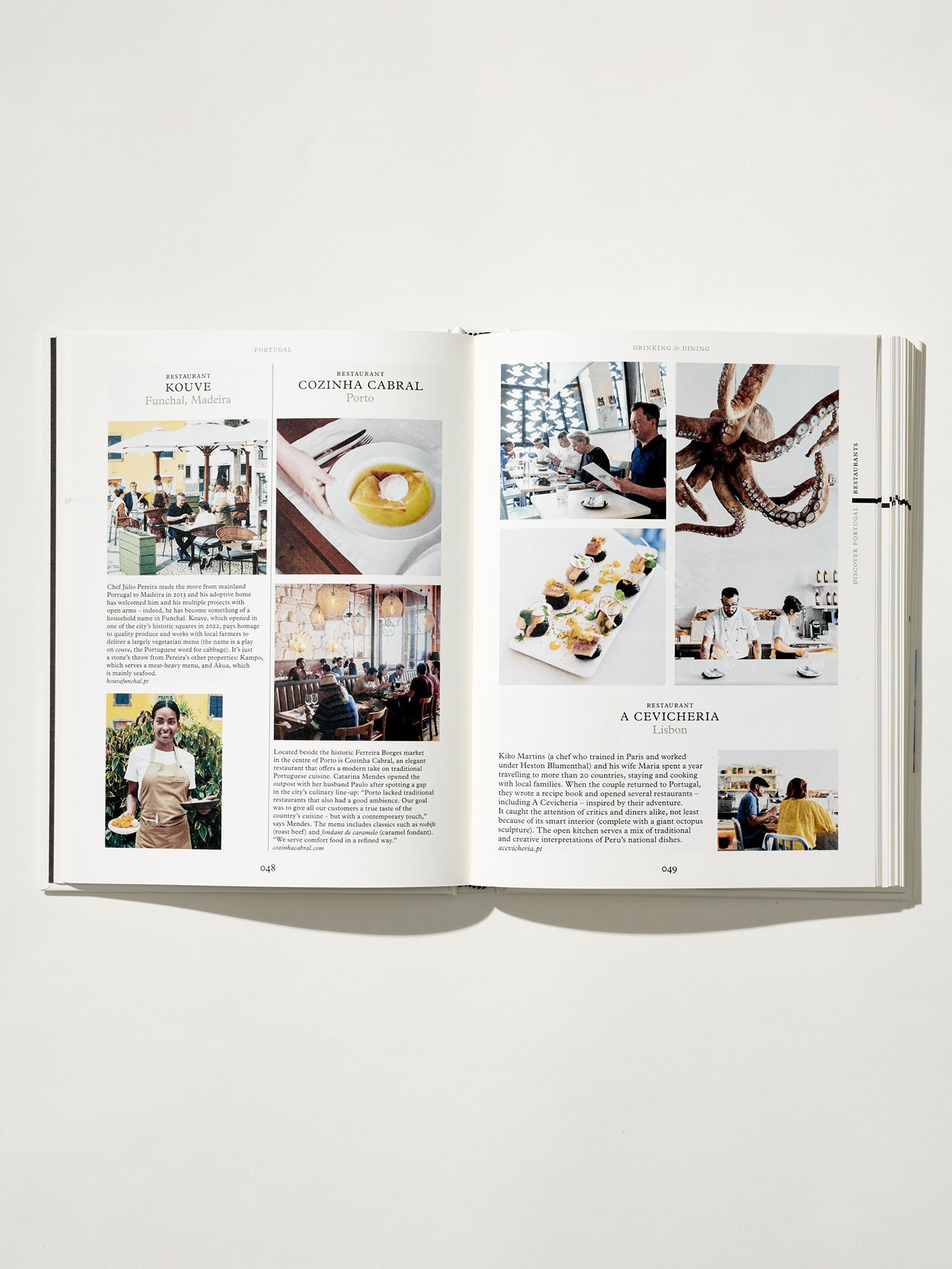 Open book showing a magazine layout with images of people and food on a white background