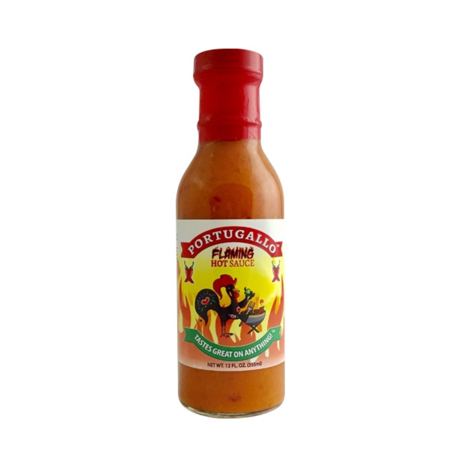 A bottle of Portugallo Flaming Hot Sauce