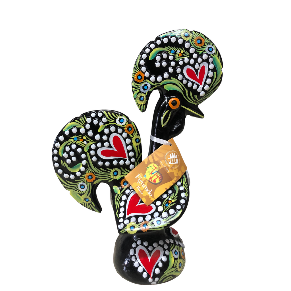 10 Inch Galo Barcelos Hand-Crafted Clay Rooster - Black and Green