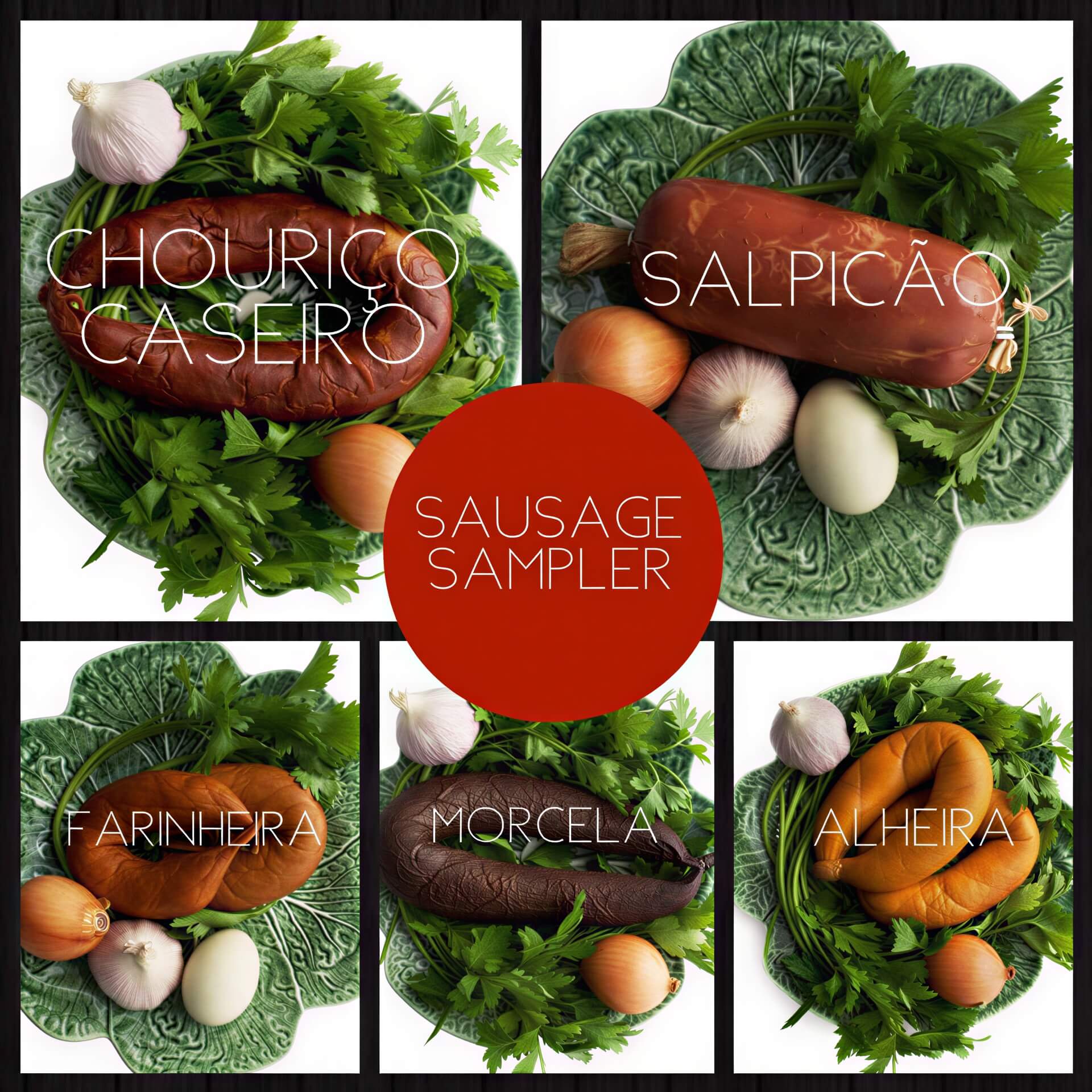 A collage of images showcasing different types of Portuguese sausages in a sampler set, displayed on a bed of greens. The sausages include Chourico Caseiro, Morcela, Farinheira, Alheira, and Salpicao.