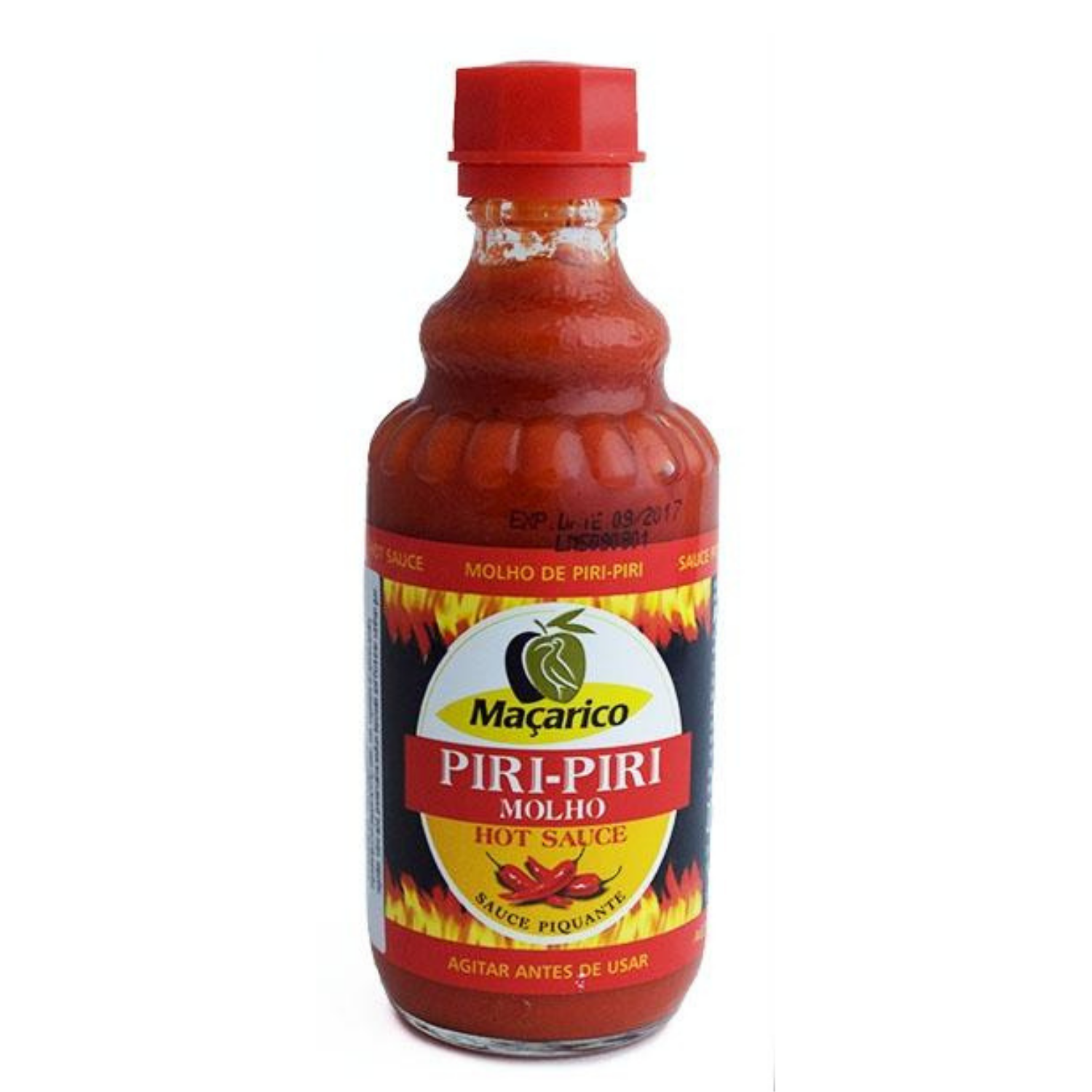 A red bottle of Maçarico Hot Sauce (Piri-Piri)