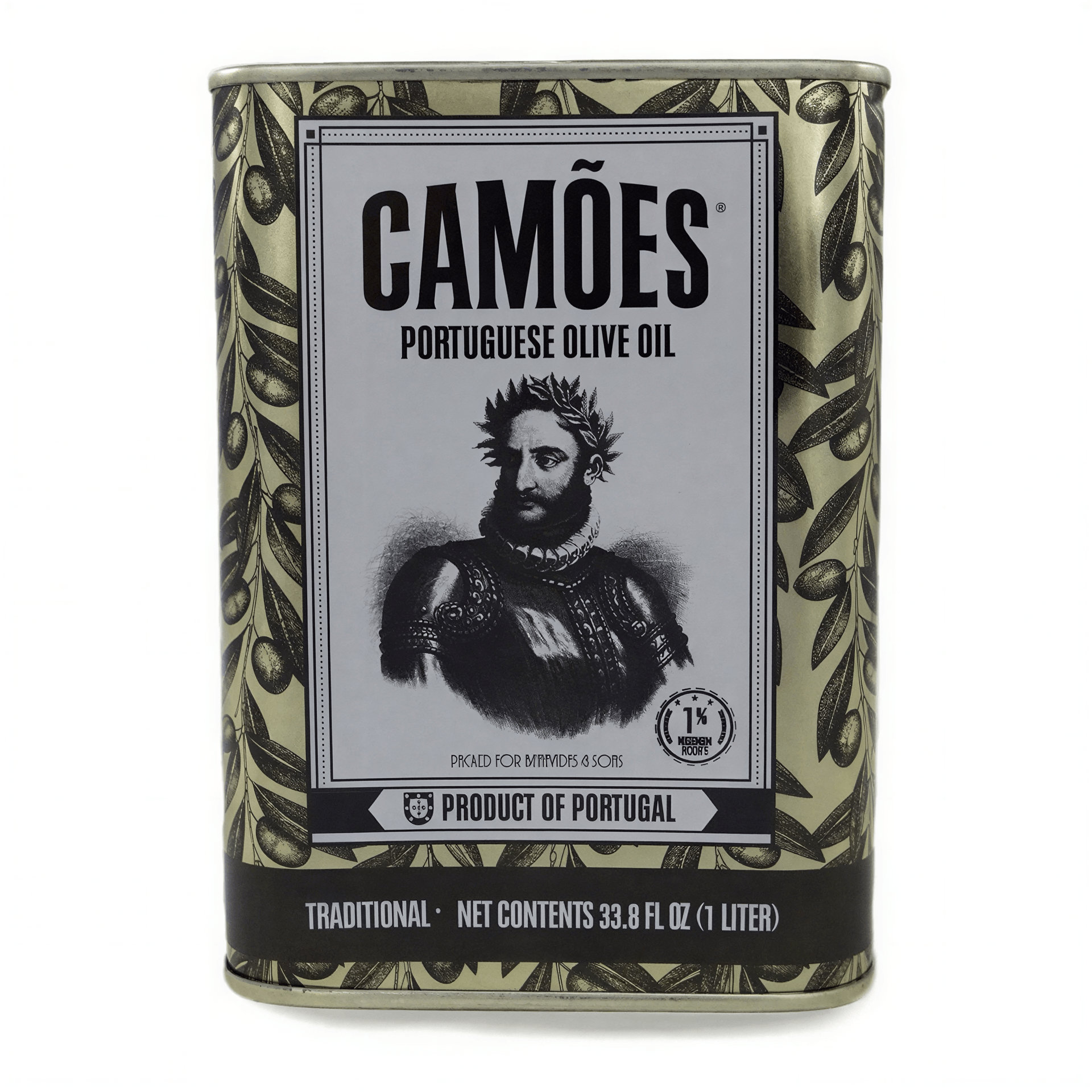 Camões Portuguese olive oil can with a vintage design featuring a portrait and olive branch pattern.